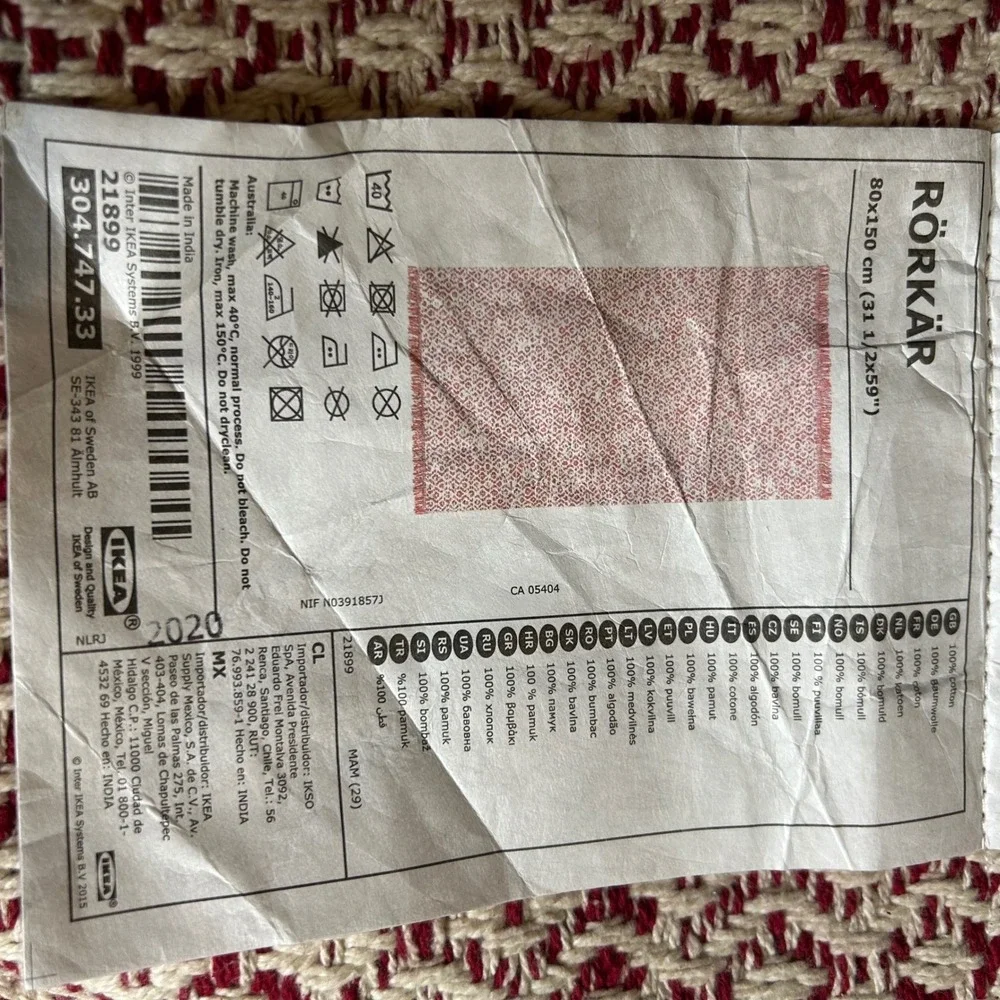 IKEA Rorkar Throw Blanket Rug 31x59 Cream Red Cotton‎ Diamond Pattern Fringe